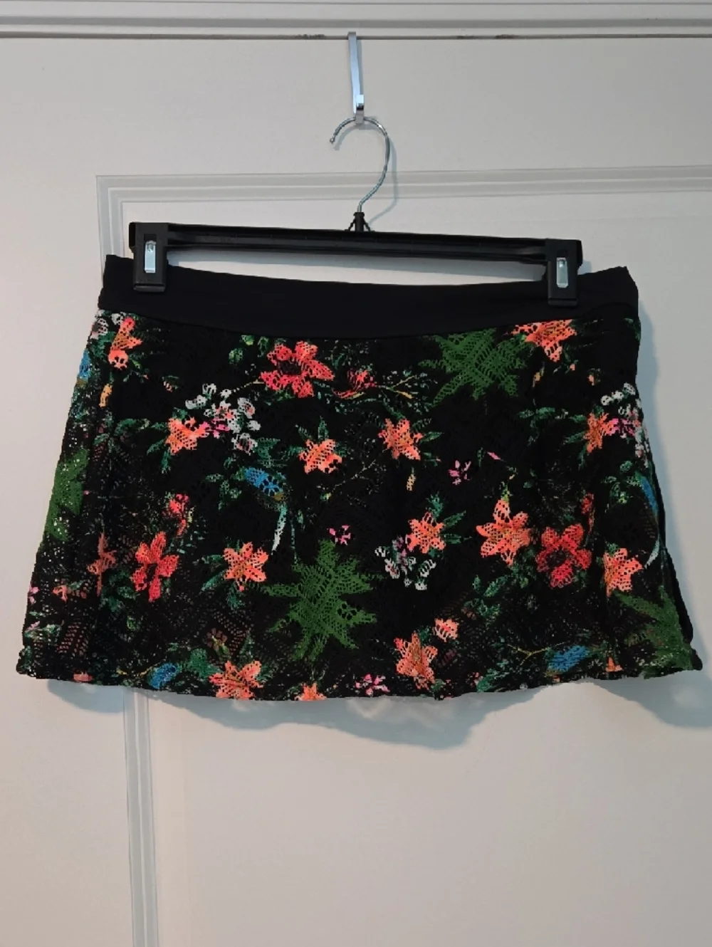 Women’s Black Floral Swim Skirt with Coral & Green Print